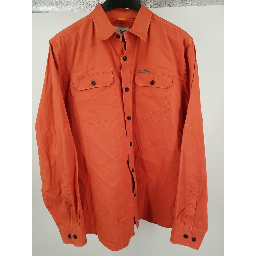 Field & Stream Mens XL Fishing Shirt Solid Orange Long Sleeve Button Up Collared